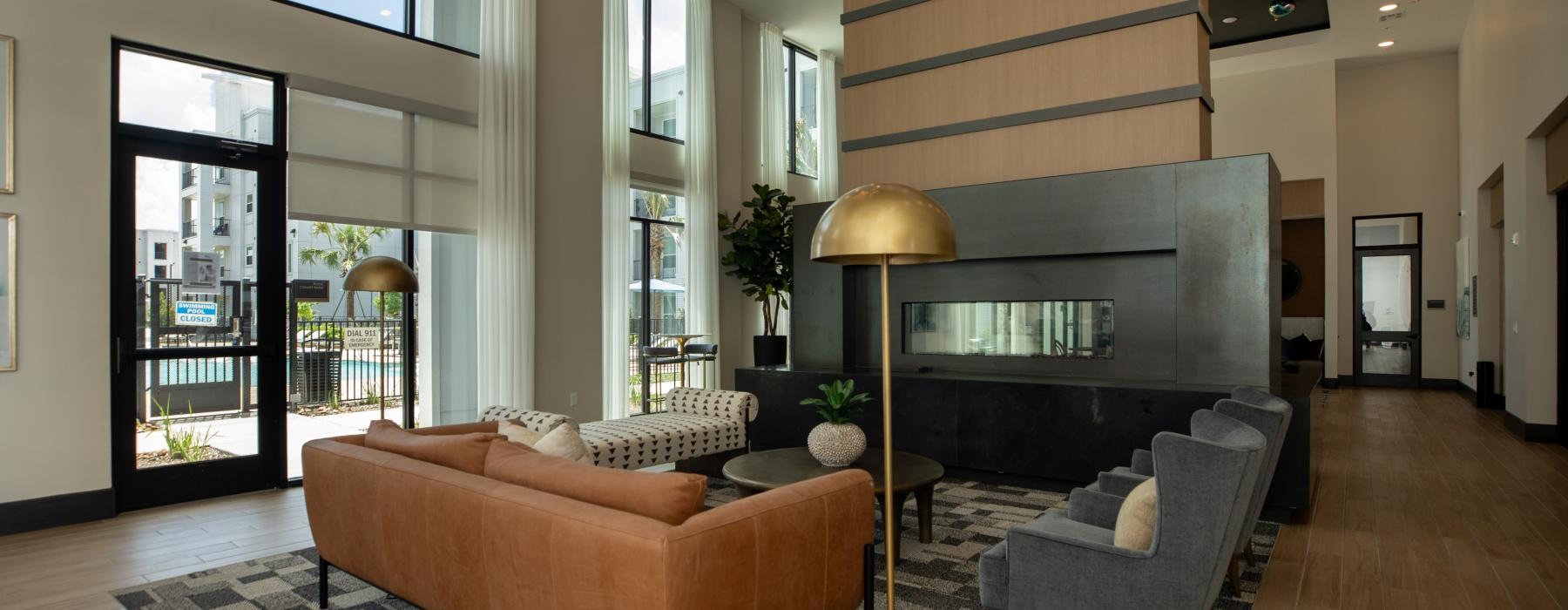 a living room with a fireplace
