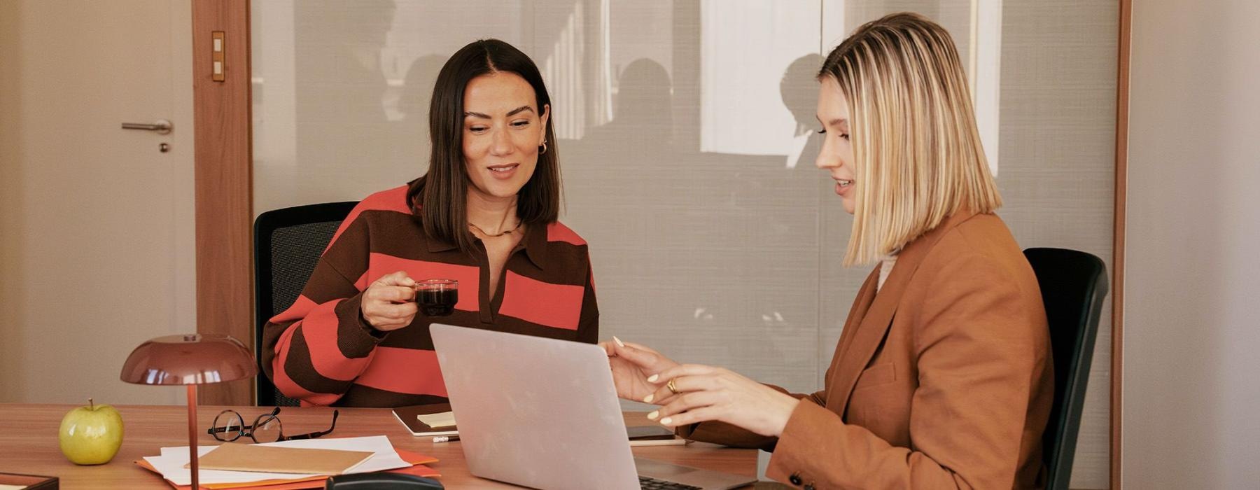 Two women at a desk looking at a laptop.